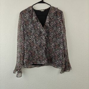 Laura Ashley Vintage Silk Floral Long Sleeve V-neck Ruffle Blouse Size 12